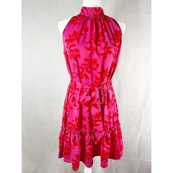 Sam Edelman High Neck Floral Print  Dress Red Pink Size Small - Picture 1 of 14